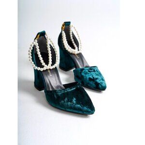 Green velvet block heels with pearl ankle strap